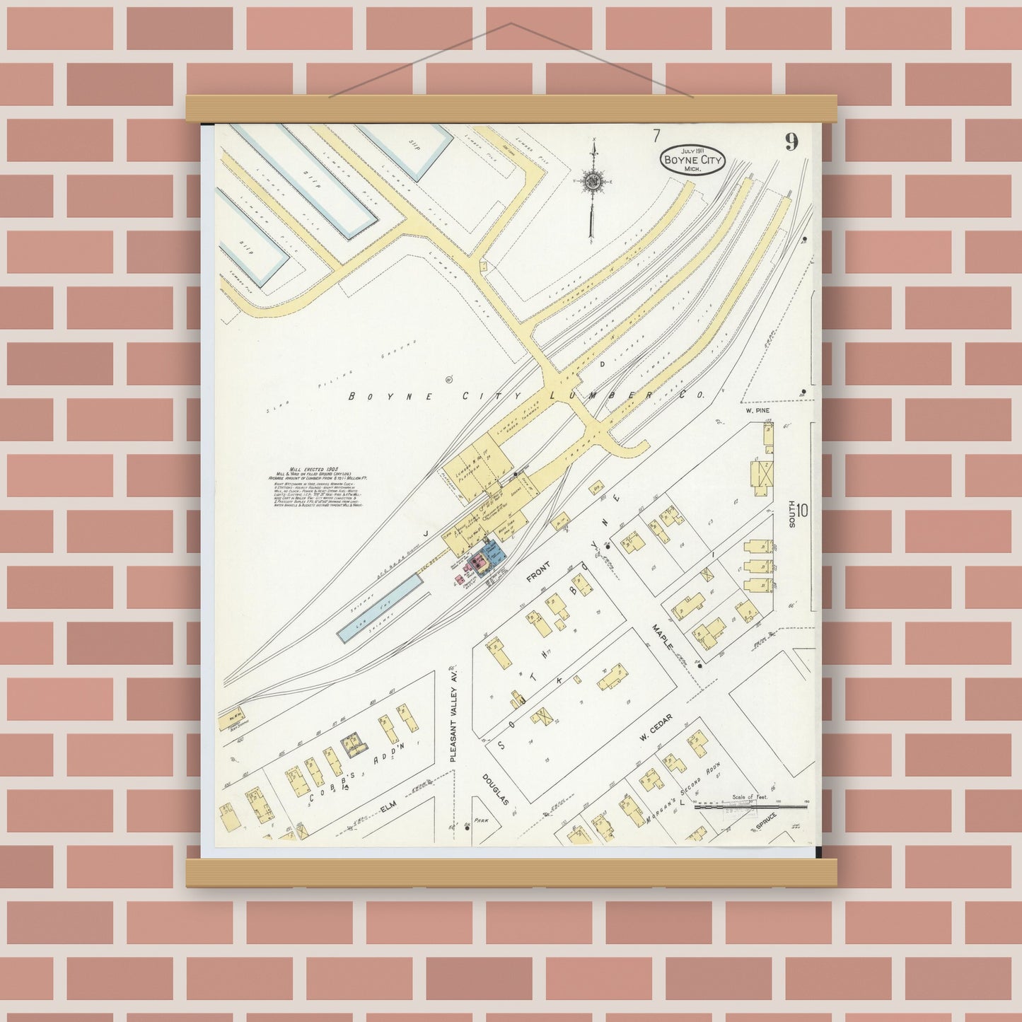 Old map wall art mockup — magnetic wood frame on brick wall — Sanborn Fire Insurance Map from Boyne City, Charlevoix County, Michigan (1911), Sheet #0009