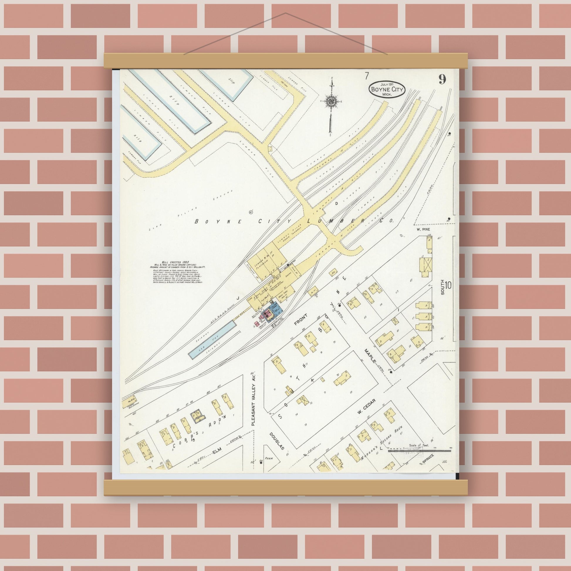 Old map wall art mockup — magnetic wood frame on brick wall — Sanborn Fire Insurance Map from Boyne City, Charlevoix County, Michigan (1911), Sheet #0009