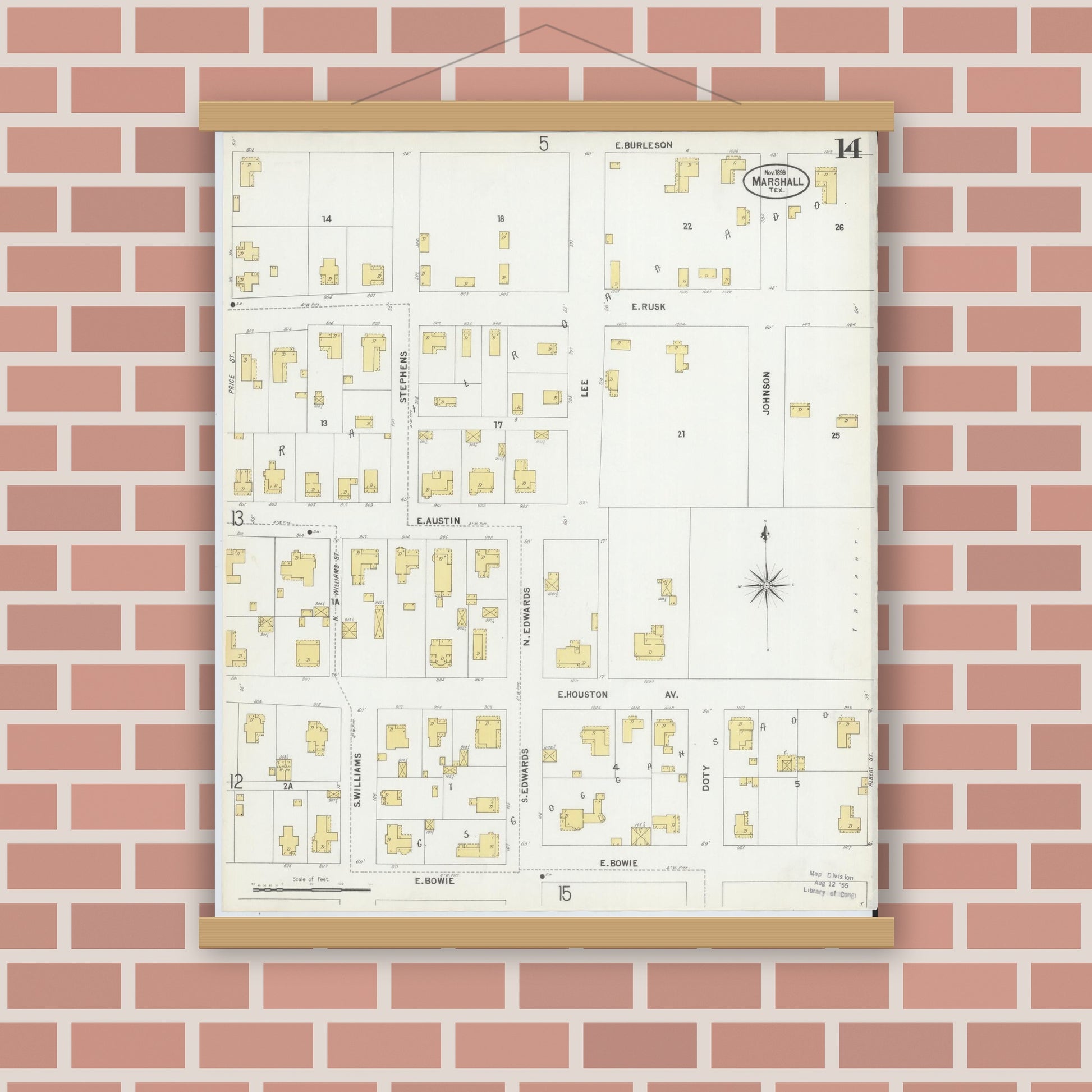 Old map wall art mockup — magnetic wood frame on brick wall — Sanborn Fire Insurance Map from Marshall, Harrison County, Texas (1899), Sheet #0014