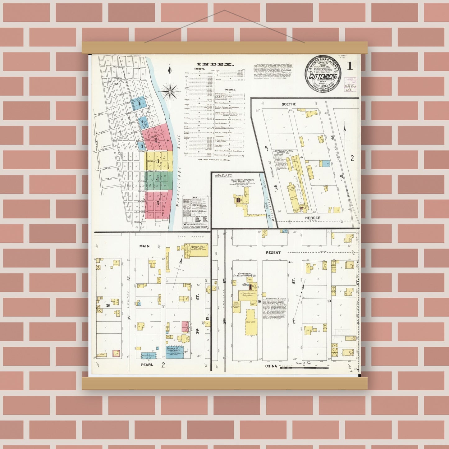 Old map wall art mockup — magnetic wood frame on brick wall — Sanborn Fire Insurance Map from Guttenberg, Clayton County, Iowa (1902) â€” Complete Set