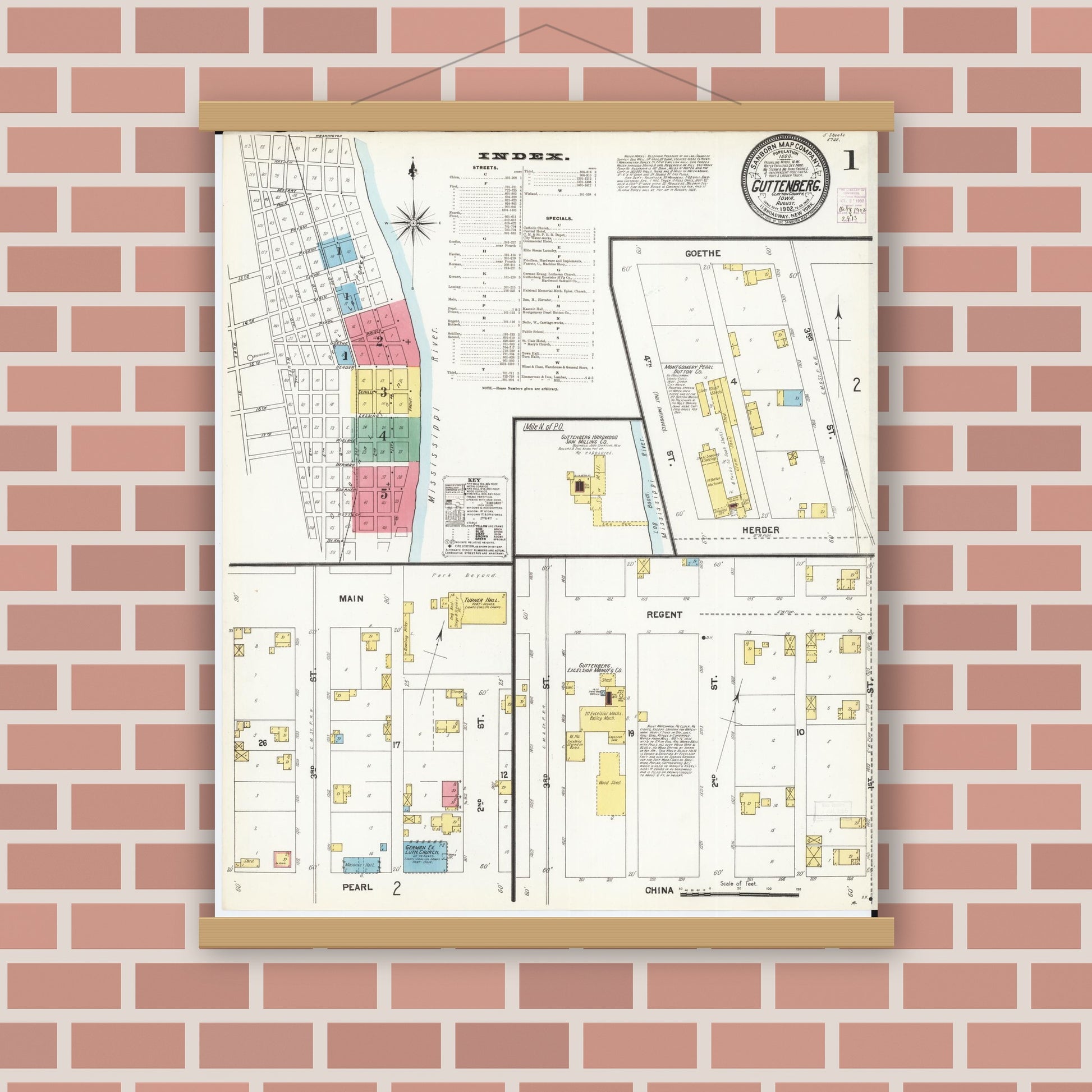 Old map wall art mockup — magnetic wood frame on brick wall — Sanborn Fire Insurance Map from Guttenberg, Clayton County, Iowa (1902) â€” Complete Set