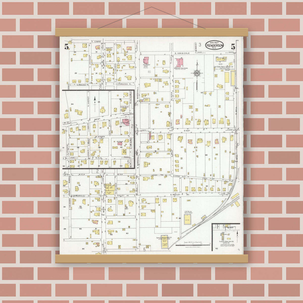 Old map wall art mockup — magnetic wood frame on brick wall — Sanborn Fire Insurance Map from Henderson, Rusk County, Texas (1927), Sheet #0005