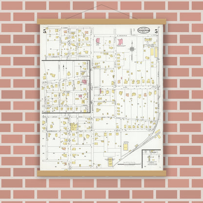 Old map wall art mockup — magnetic wood frame on brick wall — Sanborn Fire Insurance Map from Henderson, Rusk County, Texas (1927), Sheet #0005