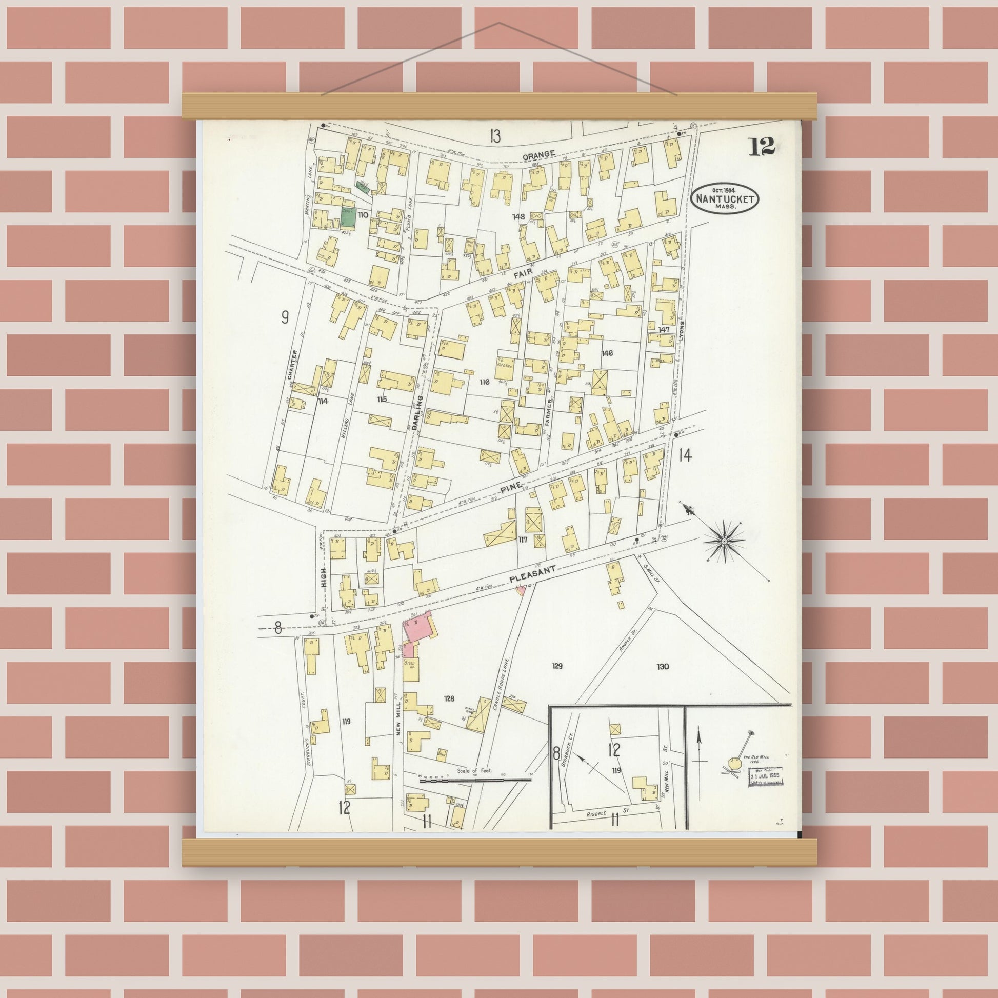 Old map wall art mockup — magnetic wood frame on brick wall — Sanborn Fire Insurance Map from Nantucket, Nantucket County, Massachusetts (1904), Sheet #0012