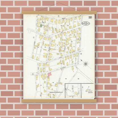 Old map wall art mockup — magnetic wood frame on brick wall — Sanborn Fire Insurance Map from Nantucket, Nantucket County, Massachusetts (1904), Sheet #0012