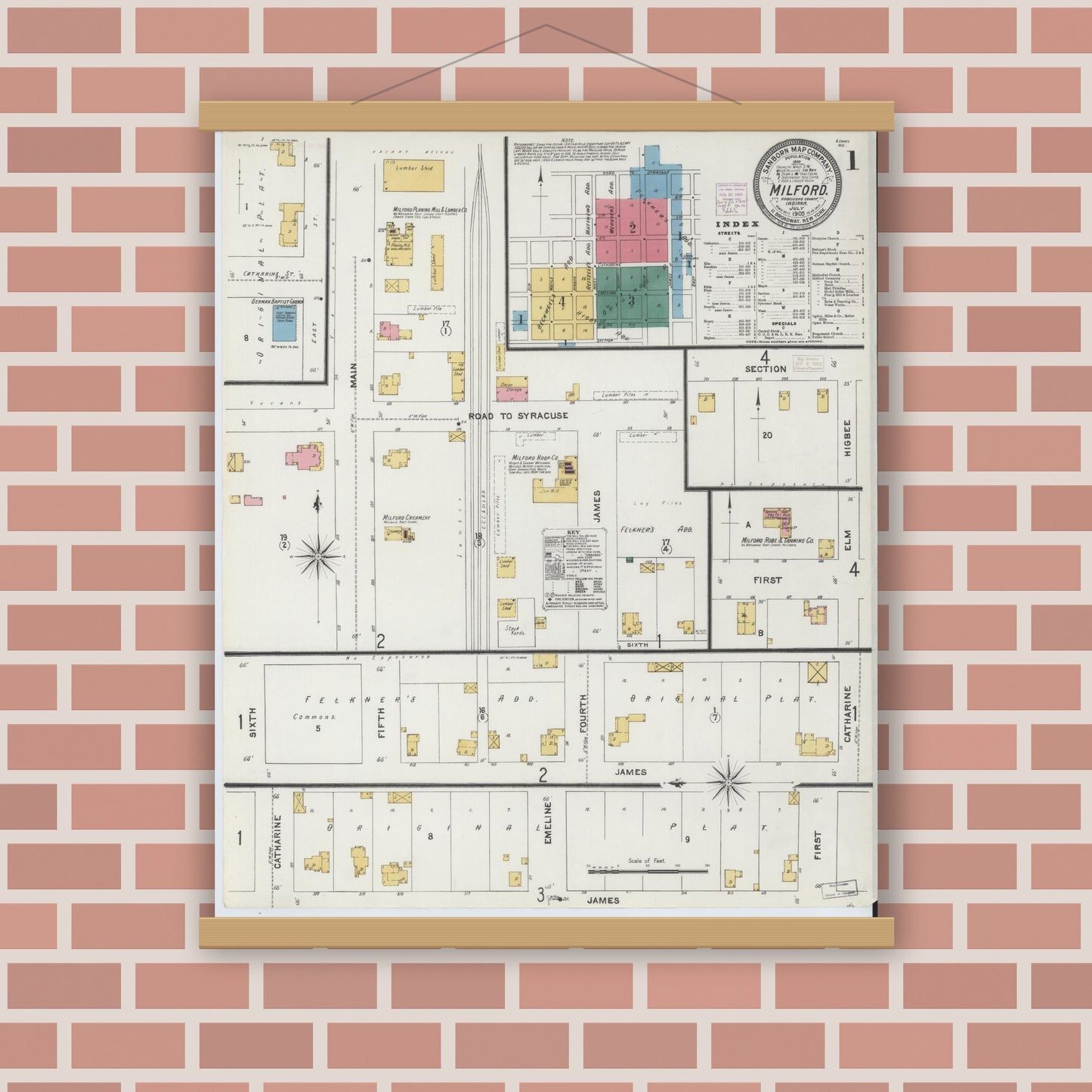 Old map wall art mockup — magnetic wood frame on brick wall — Sanborn Fire Insurance Map from Milford, Kosciusko County, Indiana (1905), Sheet #0001