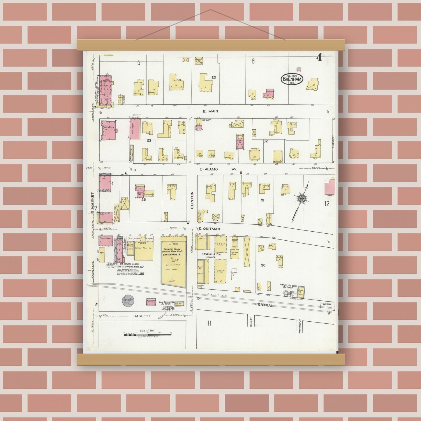 Old map wall art mockup — magnetic wood frame on brick wall — Sanborn Fire Insurance Map from Brenham, Washington County, Texas (1920), Sheet #0004