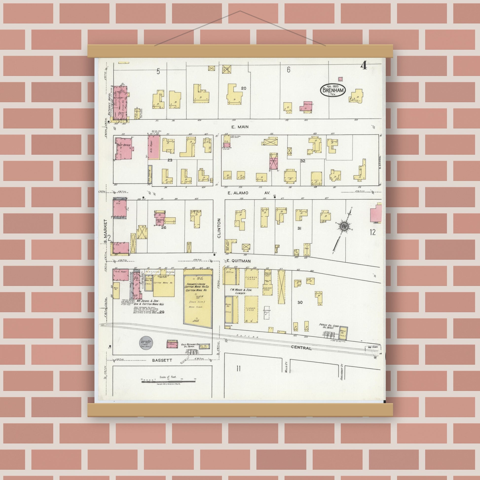 Old map wall art mockup — magnetic wood frame on brick wall — Sanborn Fire Insurance Map from Brenham, Washington County, Texas (1920), Sheet #0004