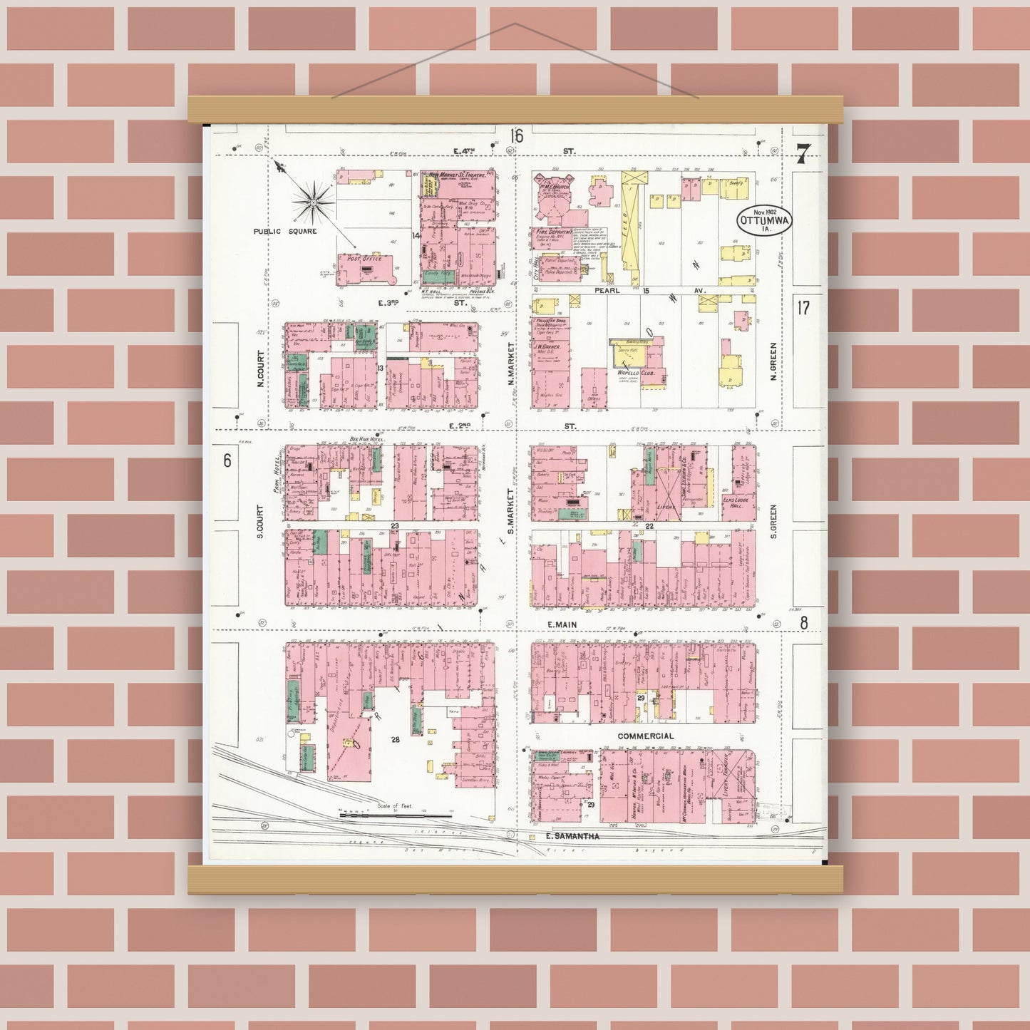 Old map wall art mockup — magnetic wood frame on brick wall — Sanborn Fire Insurance Map from Ottumwa, Wapello County, Iowa (1902), Sheet #0007