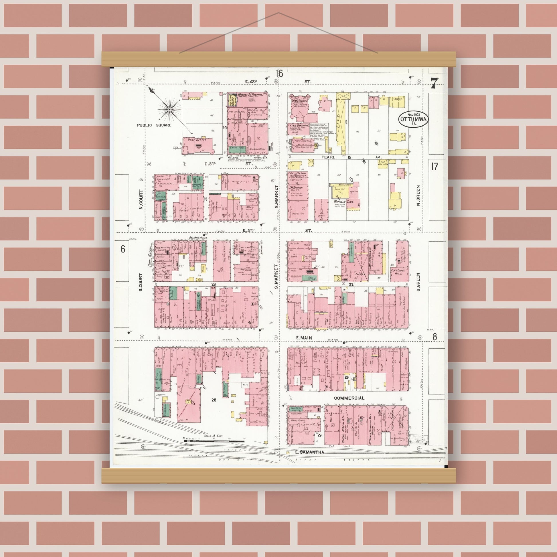 Old map wall art mockup — magnetic wood frame on brick wall — Sanborn Fire Insurance Map from Ottumwa, Wapello County, Iowa (1902), Sheet #0007