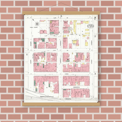 Old map wall art mockup — magnetic wood frame on brick wall — Sanborn Fire Insurance Map from Ottumwa, Wapello County, Iowa (1902), Sheet #0007