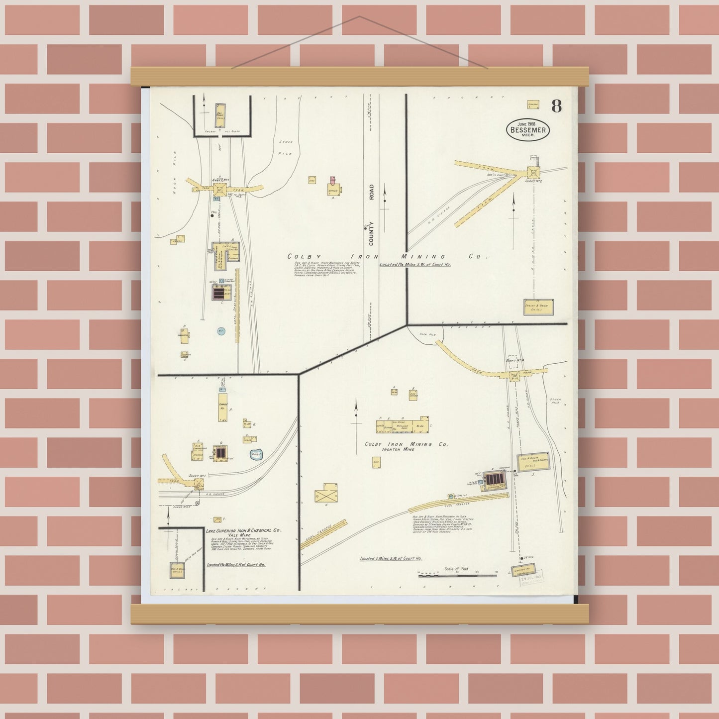 Old map wall art mockup — magnetic wood frame on brick wall — Sanborn Fire Insurance Map from Bessemer, Gogebic County, Michigan (1908), Sheet #0008