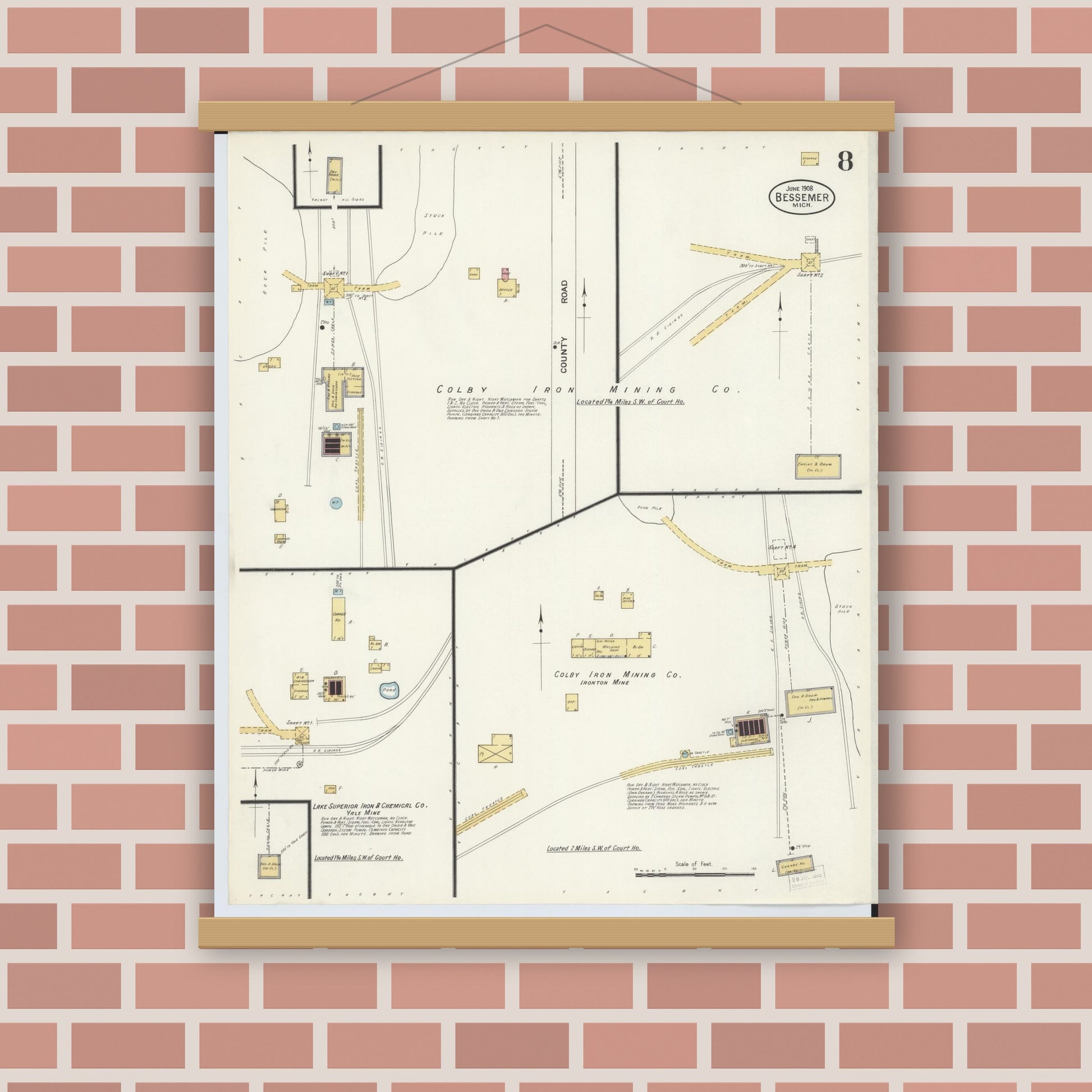 Old map wall art mockup — magnetic wood frame on brick wall — Sanborn Fire Insurance Map from Bessemer, Gogebic County, Michigan (1908), Sheet #0008