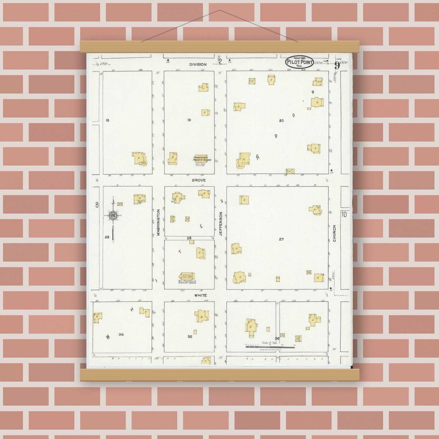 Old map wall art mockup — magnetic wood frame on brick wall — Sanborn Fire Insurance Map from Pilot Point, Denton County, Texas (1921), Sheet #0009