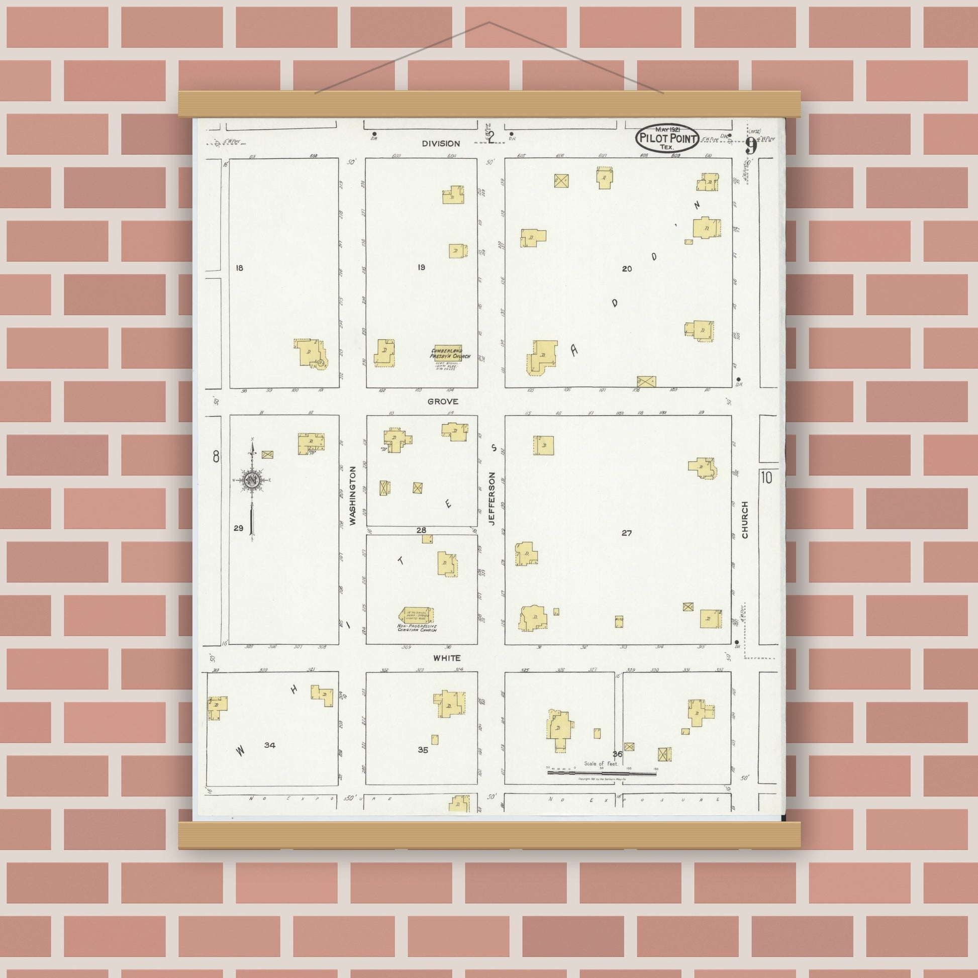 Old map wall art mockup — magnetic wood frame on brick wall — Sanborn Fire Insurance Map from Pilot Point, Denton County, Texas (1921), Sheet #0009