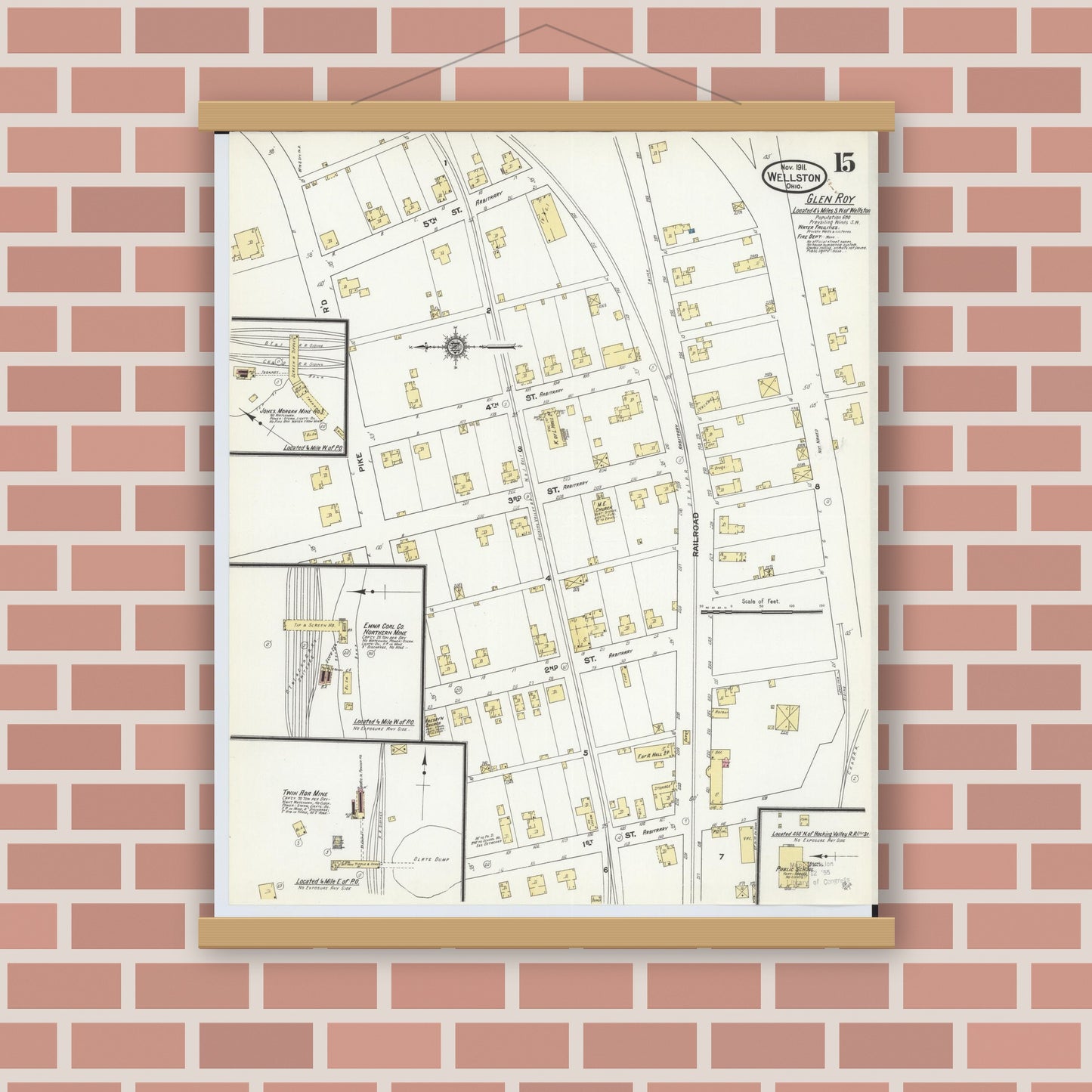 Old map wall art mockup — magnetic wood frame on brick wall — Sanborn Fire Insurance Map from Wellston, Jackson County, Ohio (1911), Sheet #0015