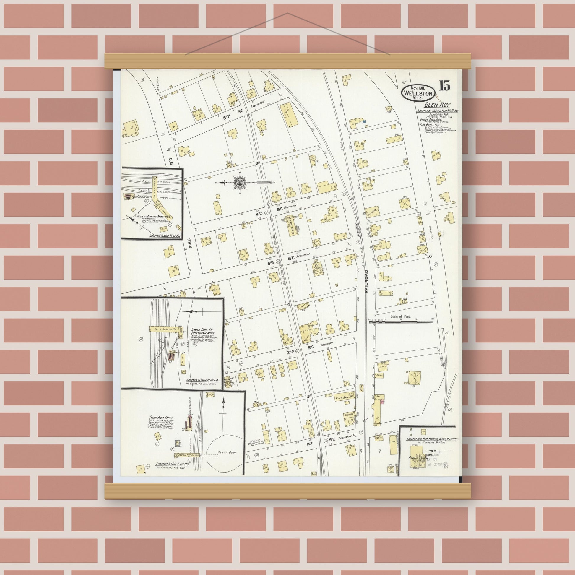 Old map wall art mockup — magnetic wood frame on brick wall — Sanborn Fire Insurance Map from Wellston, Jackson County, Ohio (1911), Sheet #0015