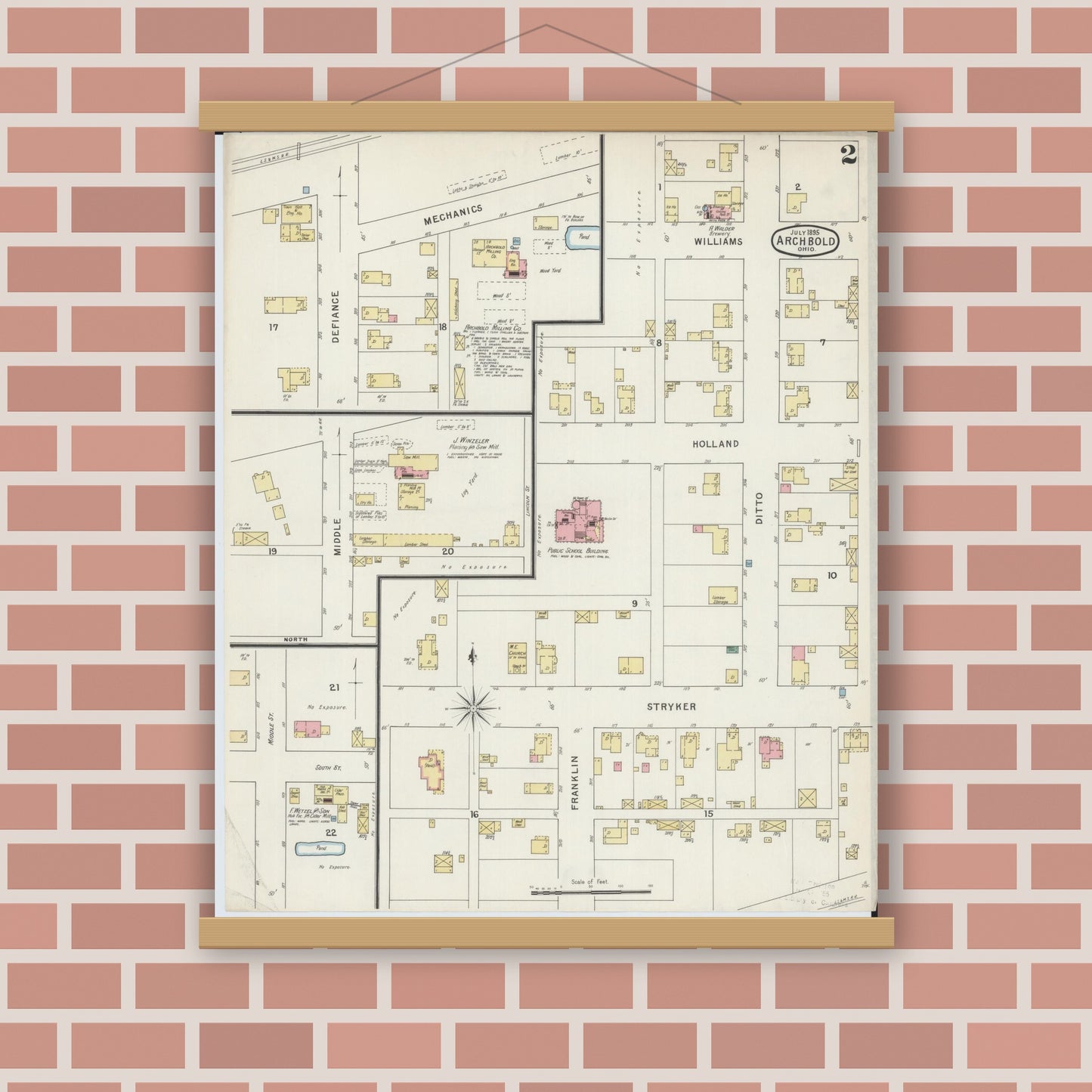 Old map wall art mockup — magnetic wood frame on brick wall — Sanborn Fire Insurance Map from Archbold, Fulton County, Ohio (1895), Sheet #0002