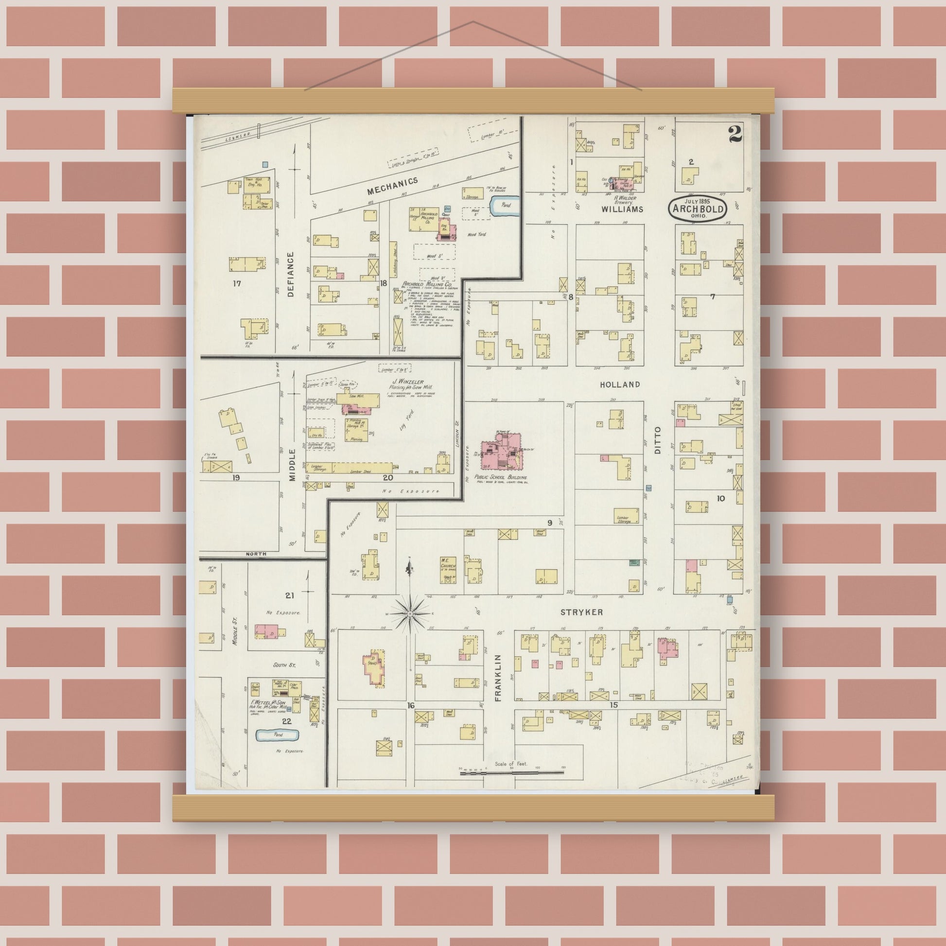 Old map wall art mockup — magnetic wood frame on brick wall — Sanborn Fire Insurance Map from Archbold, Fulton County, Ohio (1895), Sheet #0002