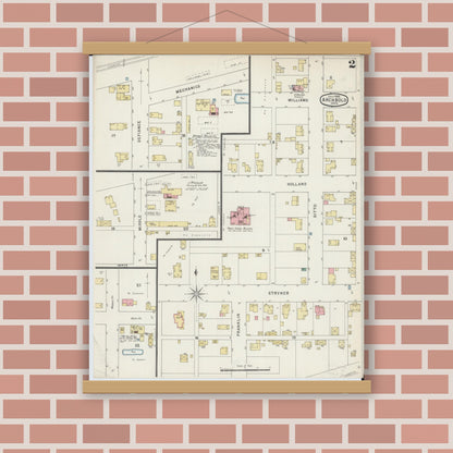 Old map wall art mockup — magnetic wood frame on brick wall — Sanborn Fire Insurance Map from Archbold, Fulton County, Ohio (1895), Sheet #0002