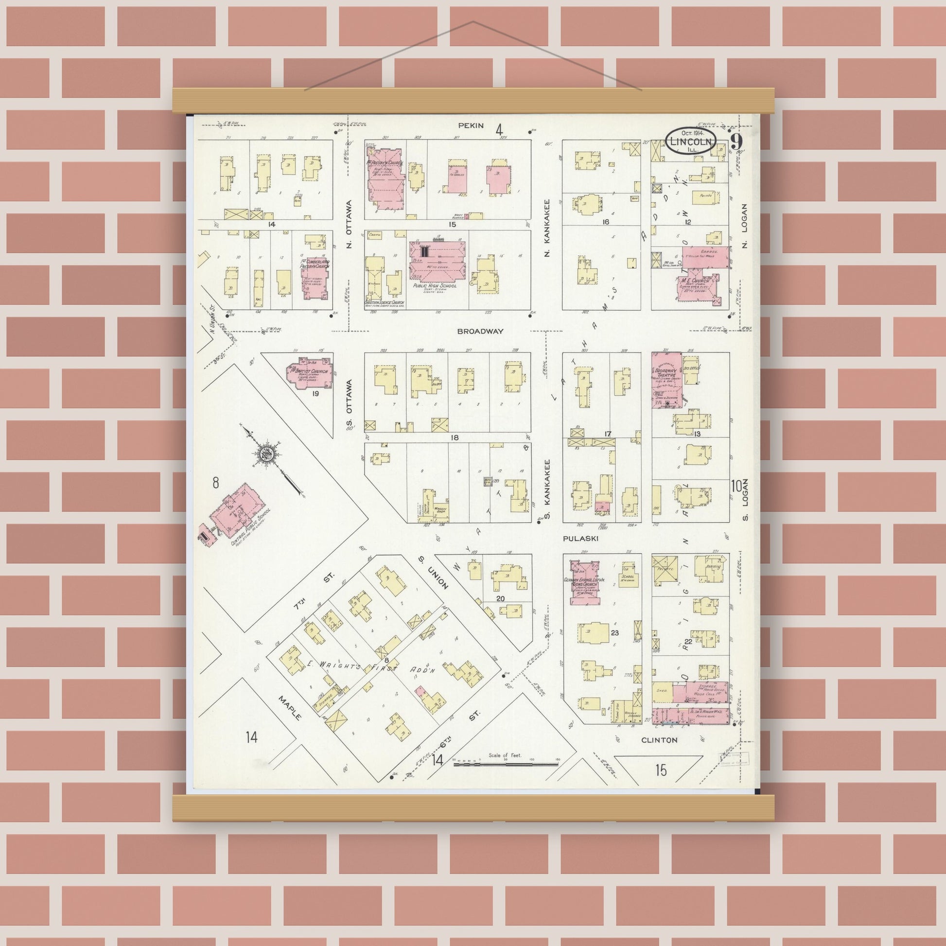 Old map wall art mockup — magnetic wood frame on brick wall — Sanborn Fire Insurance Map from Lincoln, Logan County, Illinois (1914), Sheet #0009