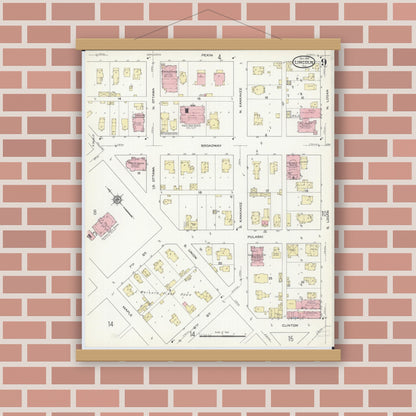 Old map wall art mockup — magnetic wood frame on brick wall — Sanborn Fire Insurance Map from Lincoln, Logan County, Illinois (1914), Sheet #0009
