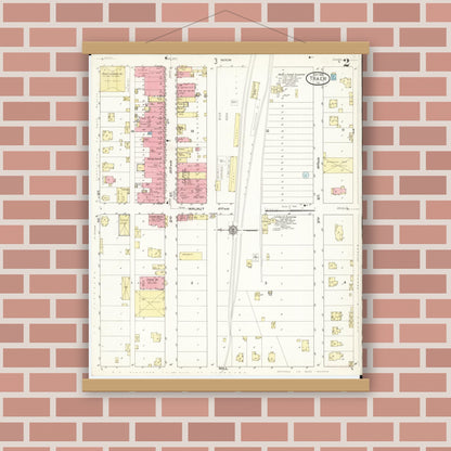 Old map wall art mockup — magnetic wood frame on brick wall — Sanborn Fire Insurance Map from Traer, Tama County, Iowa (1913), Sheet #0002