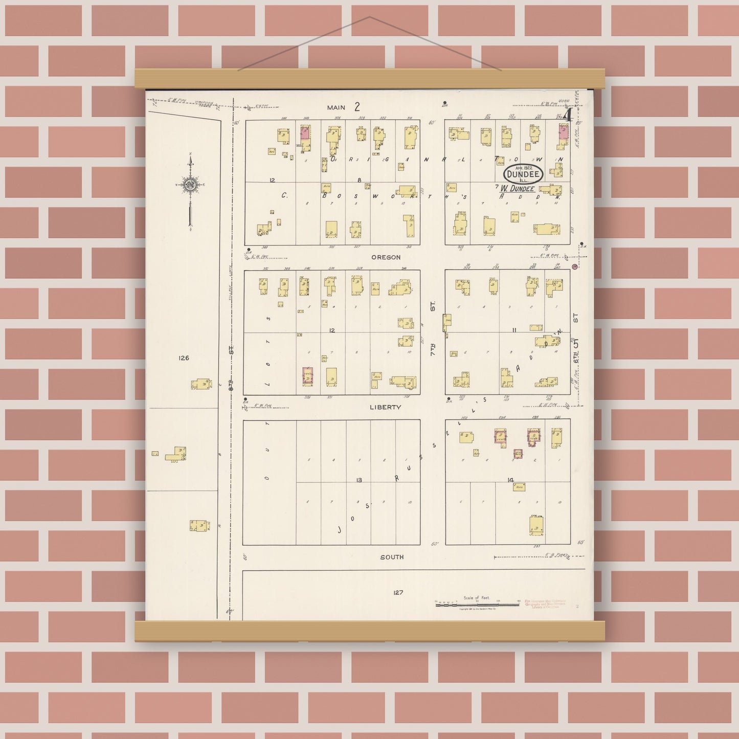 Old map wall art mockup — magnetic wood frame on brick wall — Sanborn Fire Insurance Map from Dundee, Kane County, Illinois (1922), Sheet #0004