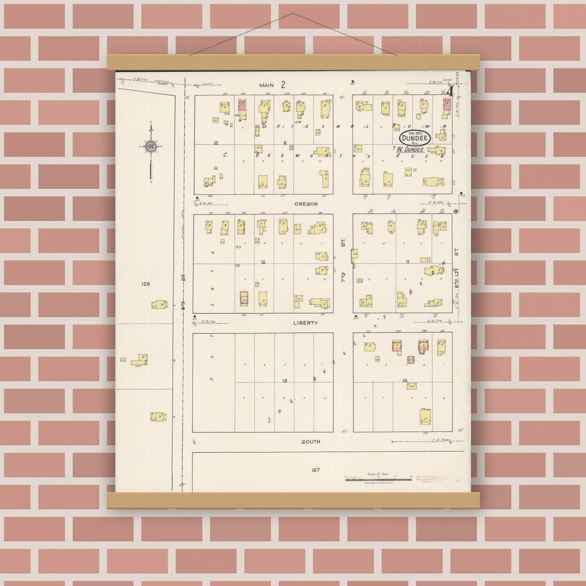 Old map wall art mockup — magnetic wood frame on brick wall — Sanborn Fire Insurance Map from Dundee, Kane County, Illinois (1922), Sheet #0004
