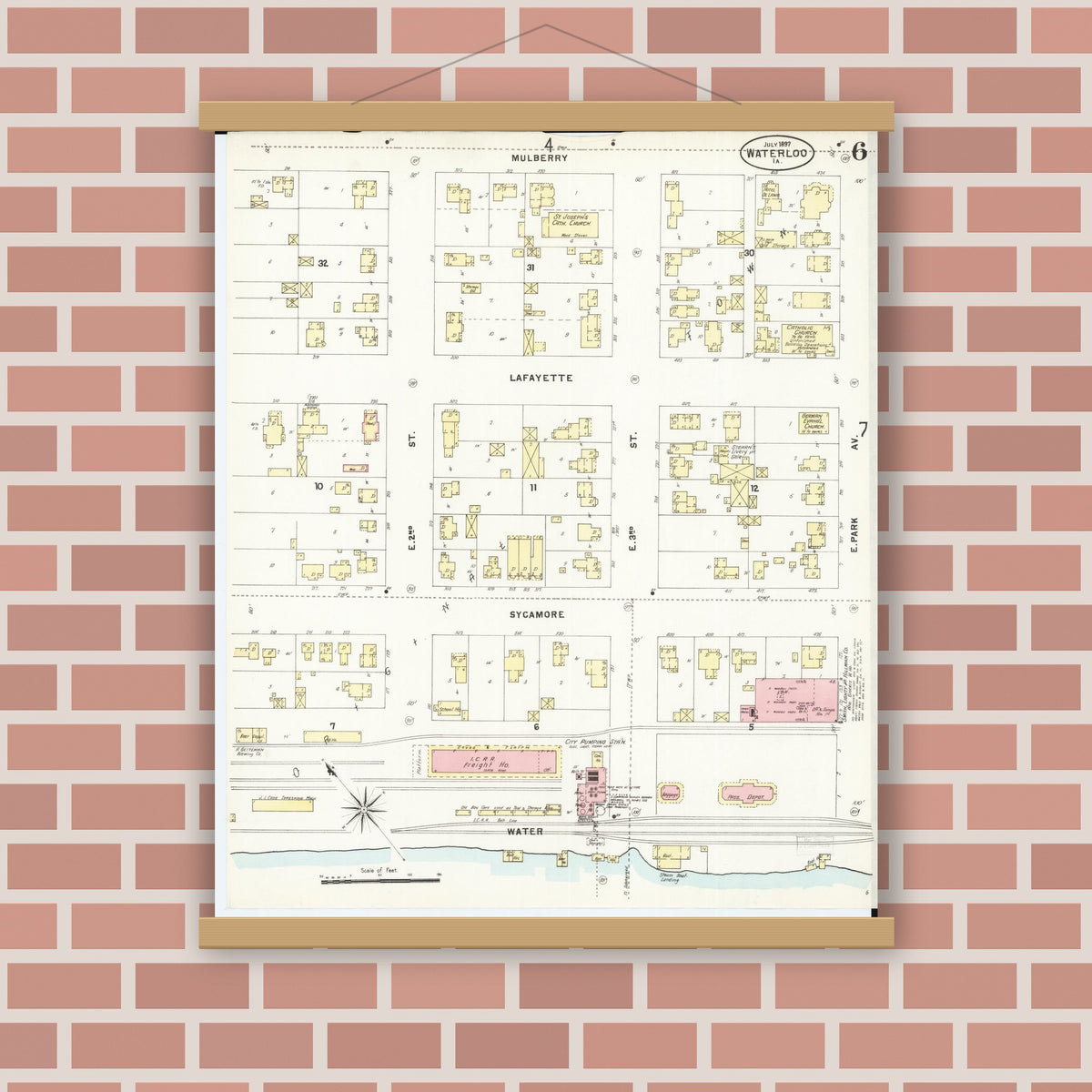 Old map wall art mockup — magnetic wood frame on brick wall — Sanborn Fire Insurance Map from Waterloo, Black Hawk County, Iowa (1897), Sheet #0006