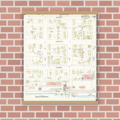 Old map wall art mockup — magnetic wood frame on brick wall — Sanborn Fire Insurance Map from Waterloo, Black Hawk County, Iowa (1897), Sheet #0006