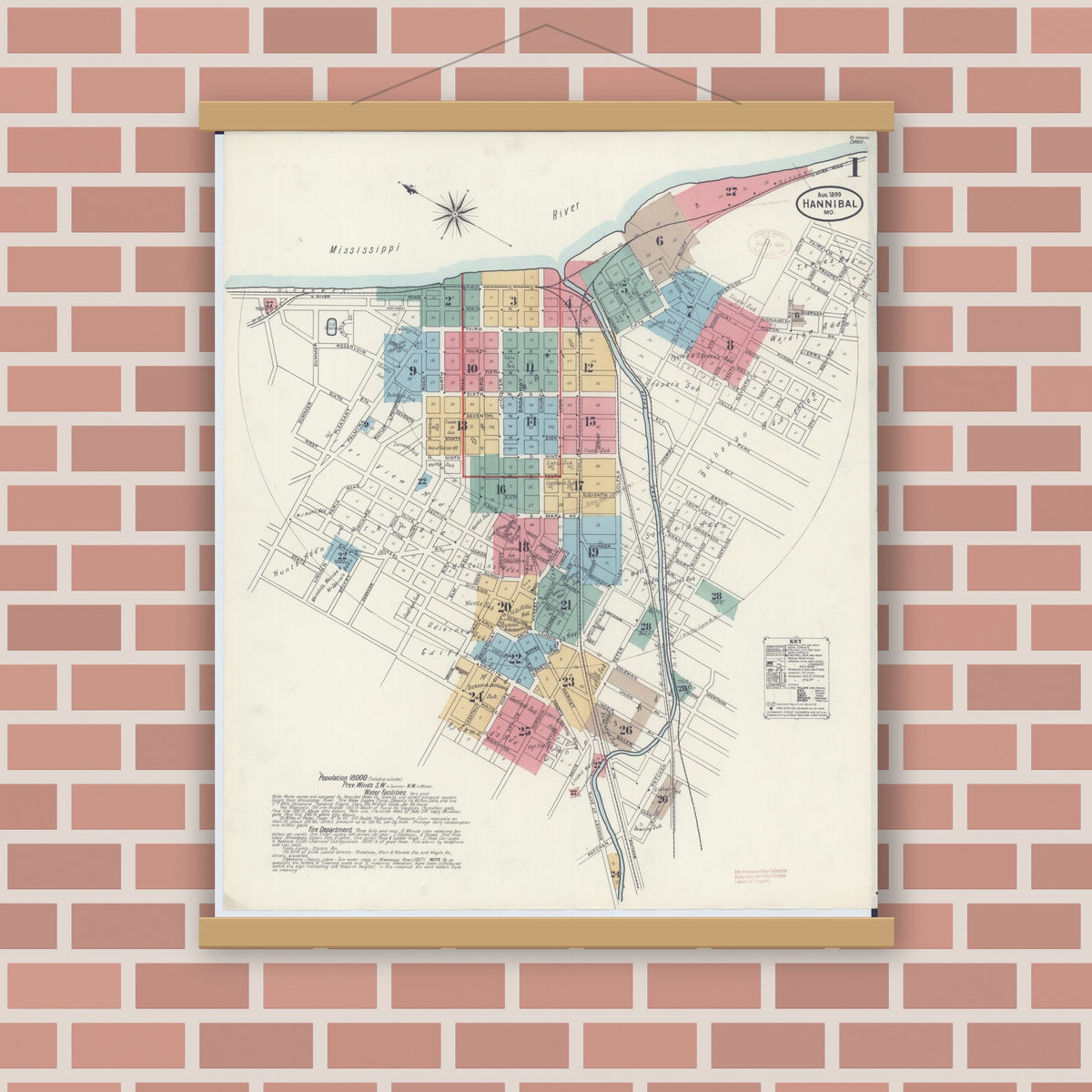 Old map wall art mockup — magnetic wood frame on brick wall — Sanborn Fire Insurance Map from Hannibal, Marion County, Missouri (1899) - Complete Map Set