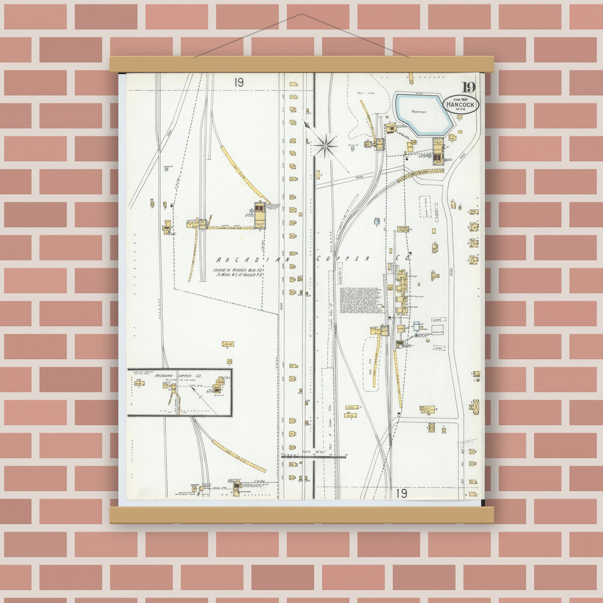 Old map wall art mockup — magnetic wood frame on brick wall — Sanborn Fire Insurance Map from Houghton, Houghton County, Michigan (1900), Sheet #0019