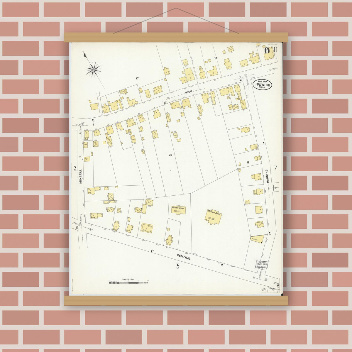 Old map wall art mockup — magnetic wood frame on brick wall — Sanborn Fire Insurance Map from Ipswich, Essex County, Massachusetts (1907), Sheet #0006