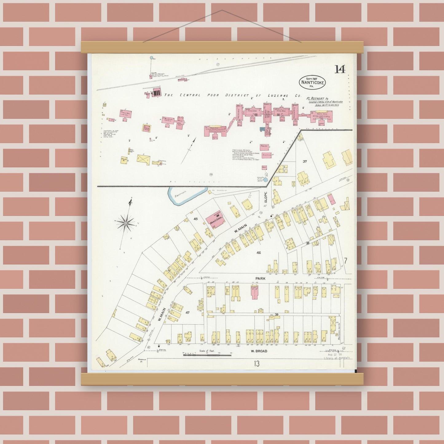 Old map wall art mockup — magnetic wood frame on brick wall — Sanborn Fire Insurance Map from Nanticoke, Luzerne County, Pennsylvania (1907), Sheet #0014