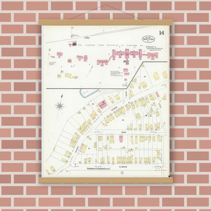 Old map wall art mockup — magnetic wood frame on brick wall — Sanborn Fire Insurance Map from Nanticoke, Luzerne County, Pennsylvania (1907), Sheet #0014