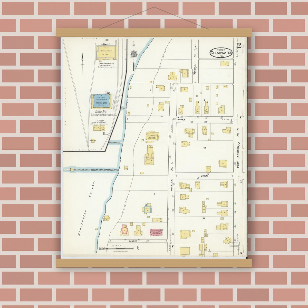 Old map wall art mockup — magnetic wood frame on brick wall — Sanborn Fire Insurance Map from Clearwater, Pinellas County, Florida (1917), Sheet #0002