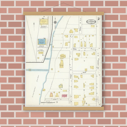 Old map wall art mockup — magnetic wood frame on brick wall — Sanborn Fire Insurance Map from Clearwater, Pinellas County, Florida (1917), Sheet #0002