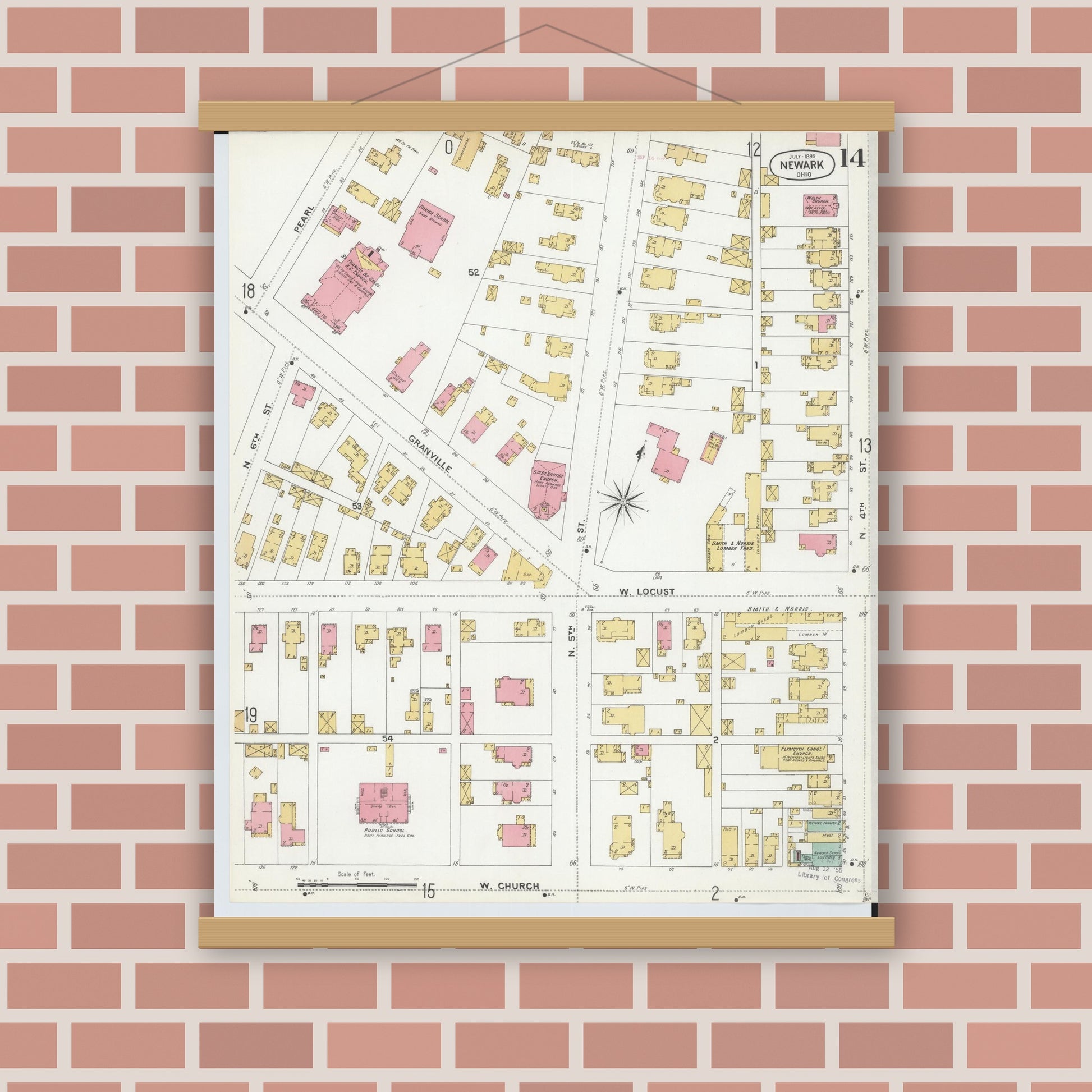 Old map wall art mockup — magnetic wood frame on brick wall — Sanborn Fire Insurance Map from Newark, Licking County, Ohio (1899), Sheet #0014