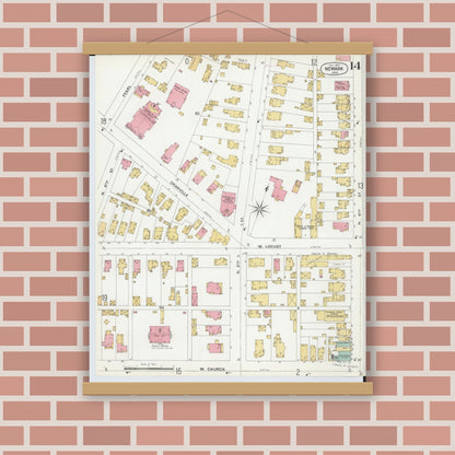 Old map wall art mockup — magnetic wood frame on brick wall — Sanborn Fire Insurance Map from Newark, Licking County, Ohio (1899), Sheet #0014