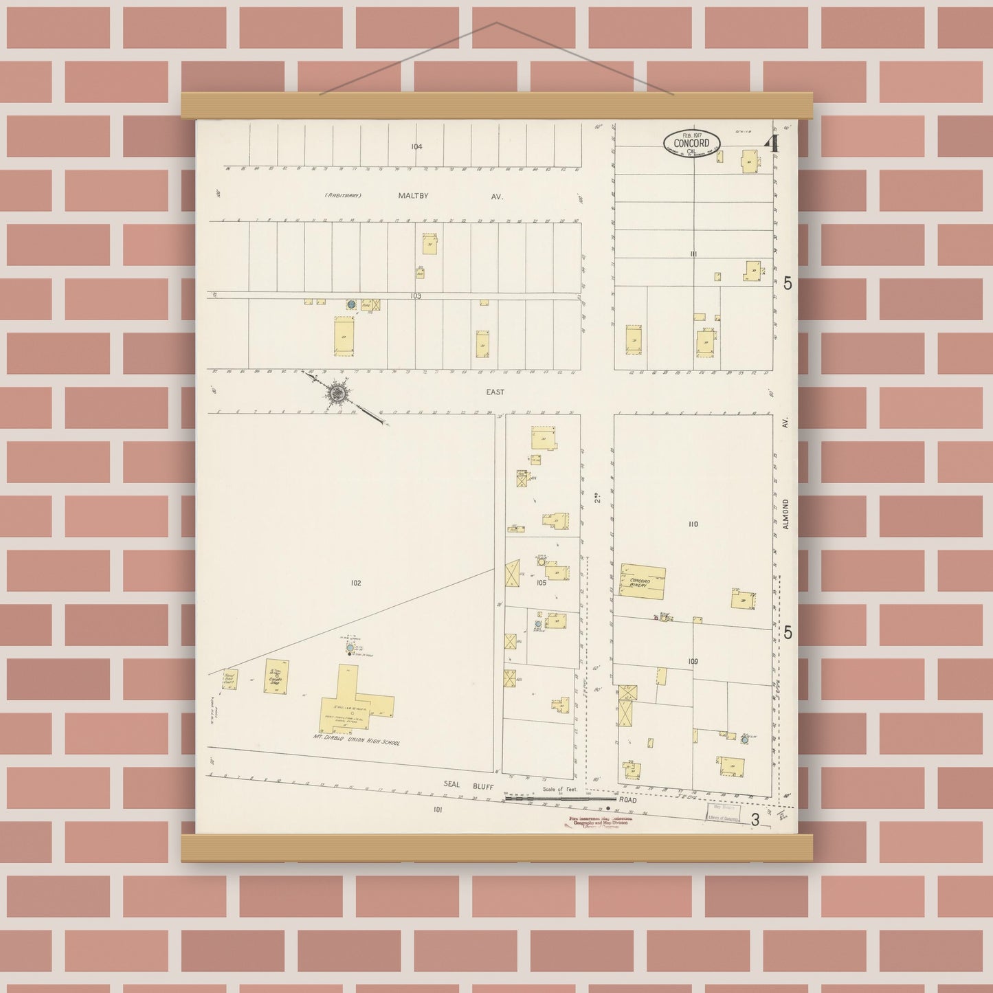 Old map wall art mockup — magnetic wood frame on brick wall — Sanborn Fire Insurance Map from Concord, Contra Costa County, California (1917), Sheet #0004