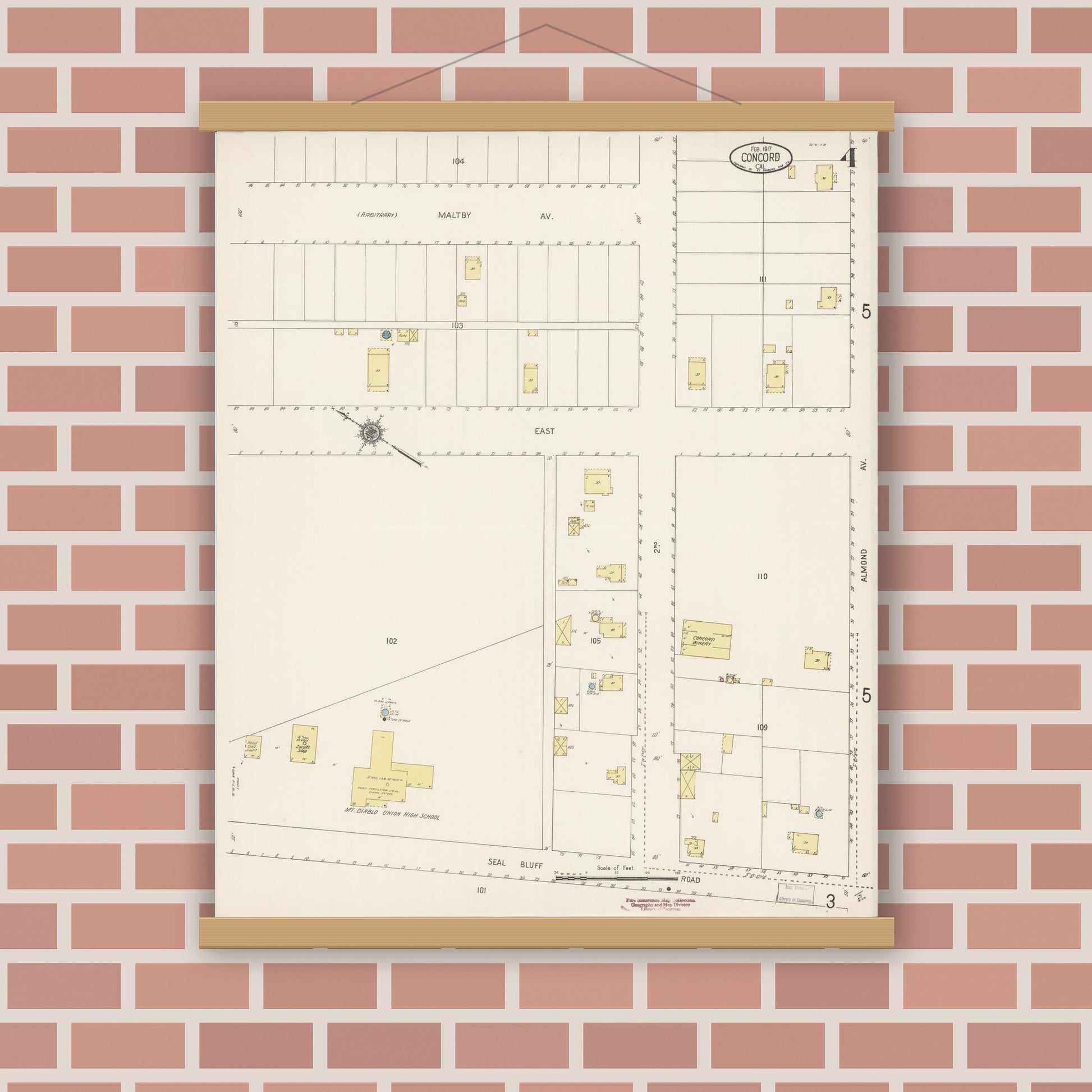 Old map wall art mockup — magnetic wood frame on brick wall — Sanborn Fire Insurance Map from Concord, Contra Costa County, California (1917), Sheet #0004