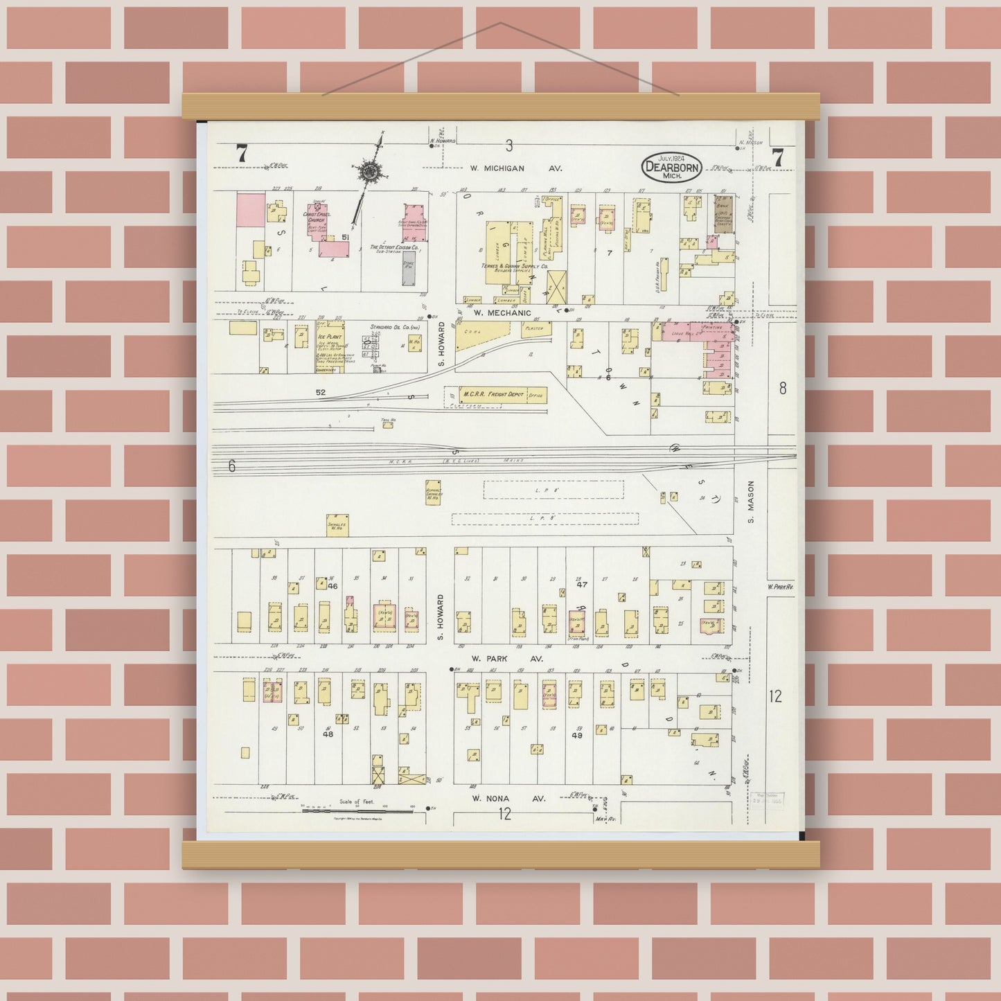 Old map wall art mockup — magnetic wood frame on brick wall — Sanborn Fire Insurance Map from Dearborn, Wayne County, Michigan (1924), Sheet #0007