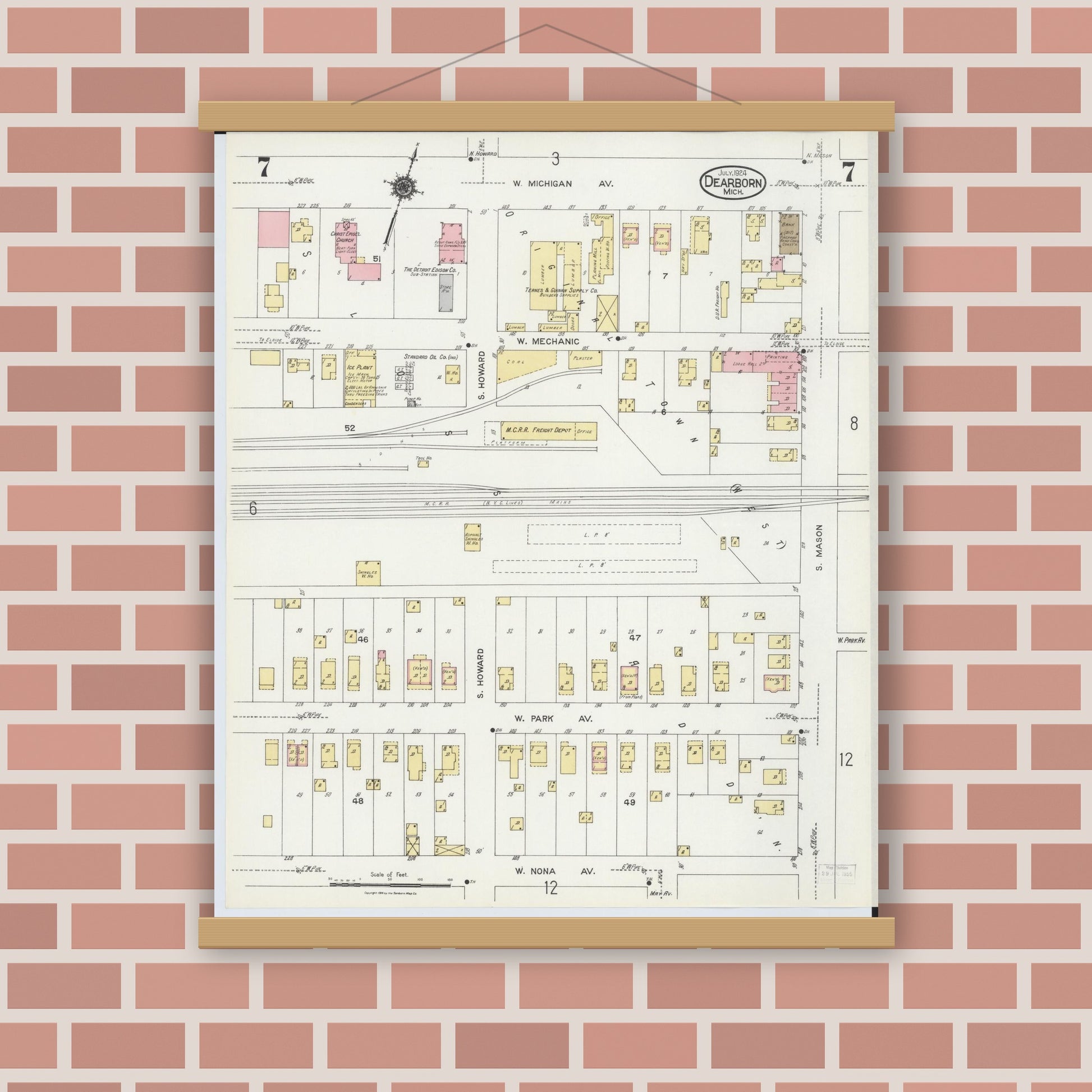 Old map wall art mockup — magnetic wood frame on brick wall — Sanborn Fire Insurance Map from Dearborn, Wayne County, Michigan (1924), Sheet #0007