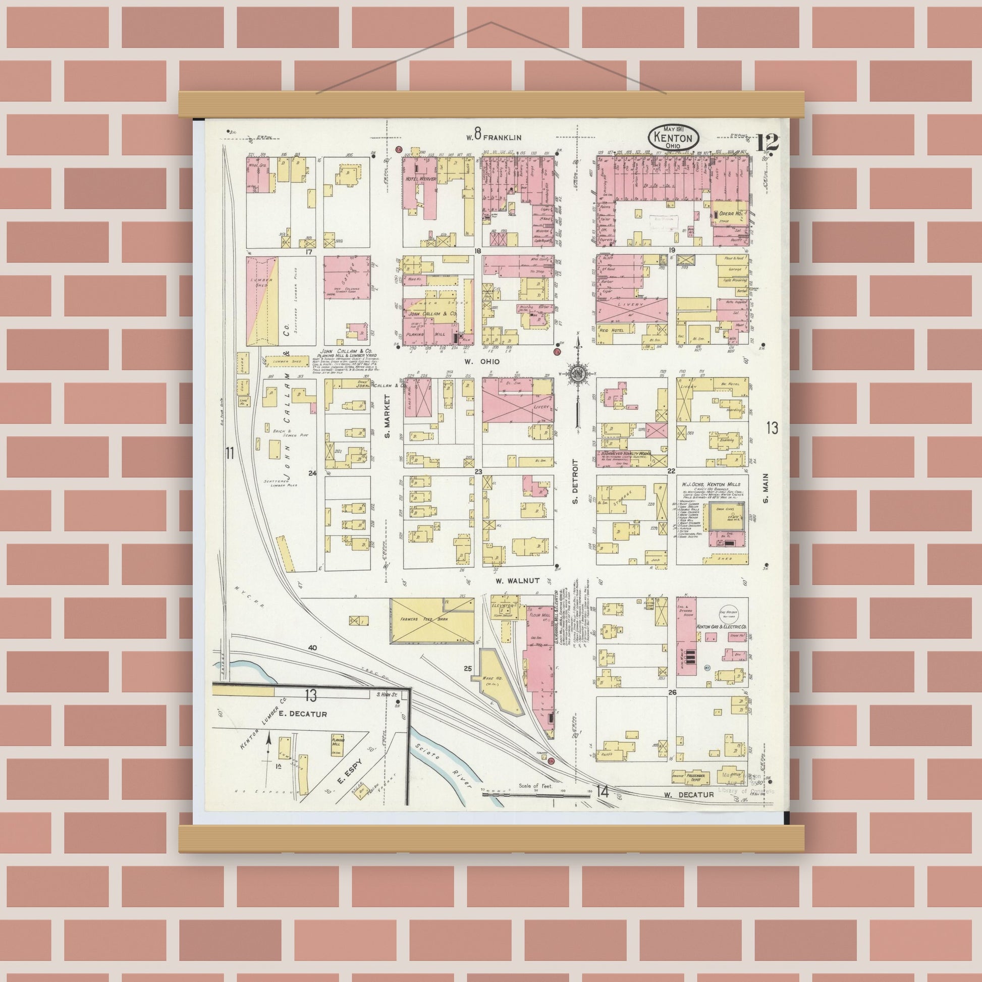 Old map wall art mockup — magnetic wood frame on brick wall — Sanborn Fire Insurance Map from Kenton, Hardin County, Ohio (1911), Sheet #0012