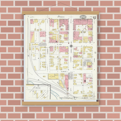 Old map wall art mockup — magnetic wood frame on brick wall — Sanborn Fire Insurance Map from Kenton, Hardin County, Ohio (1911), Sheet #0012