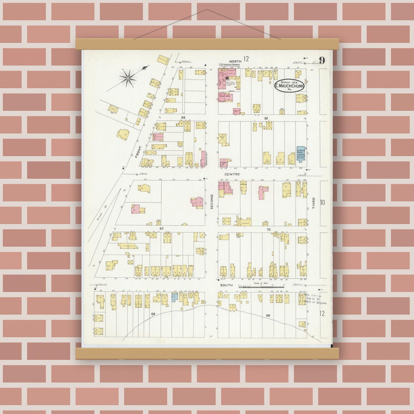 Old map wall art mockup — magnetic wood frame on brick wall — Sanborn Fire Insurance Map from Mauch Chunk, Carbon County, Pennsylvania (1908), Sheet #0009