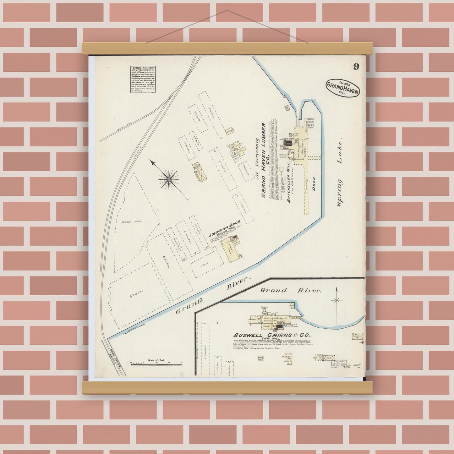 Old map wall art mockup — magnetic wood frame on brick wall — Sanborn Fire Insurance Map from Grand Haven, Ottawa County, Michigan (1883), Sheet #0009