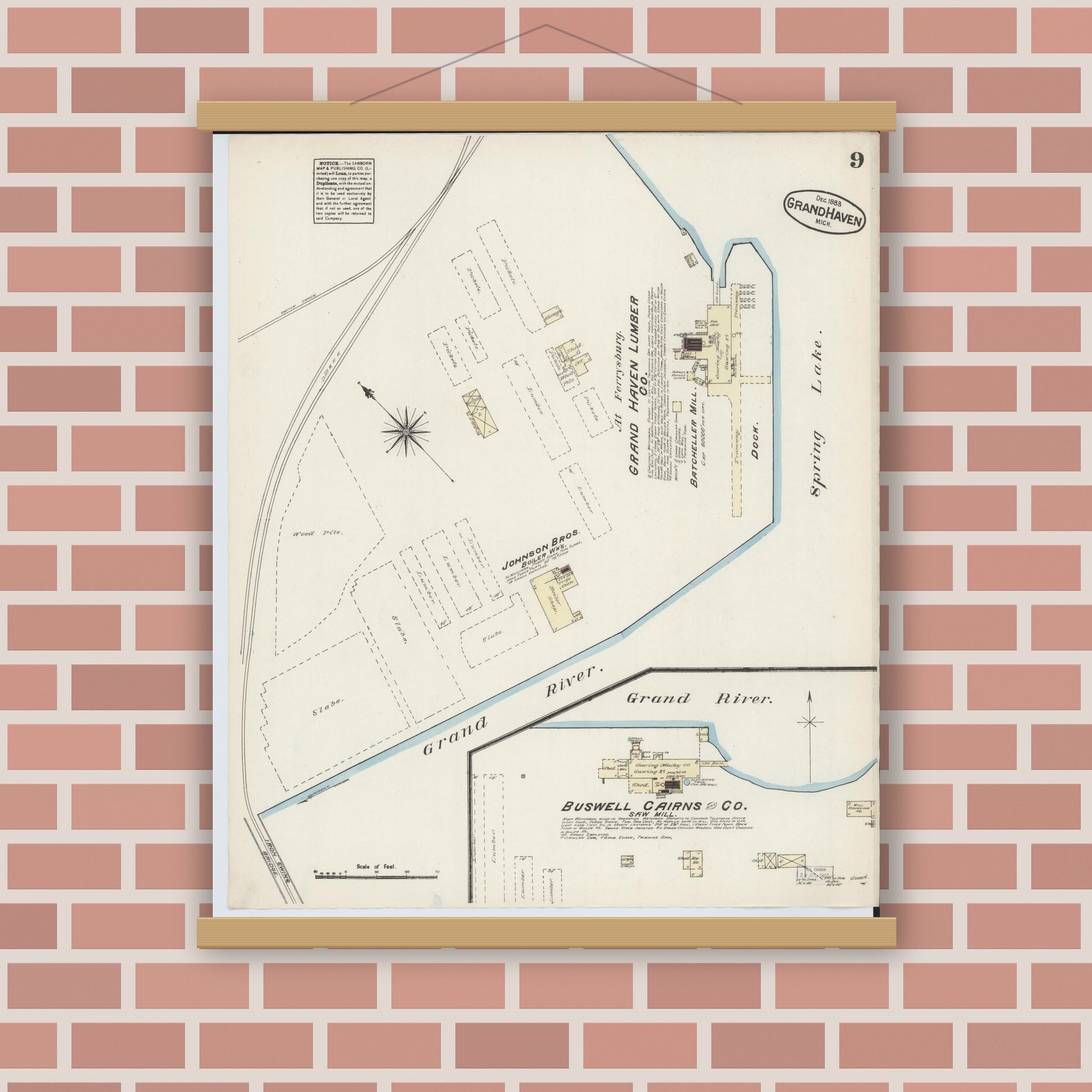 Old map wall art mockup — magnetic wood frame on brick wall — Sanborn Fire Insurance Map from Grand Haven, Ottawa County, Michigan (1883), Sheet #0009