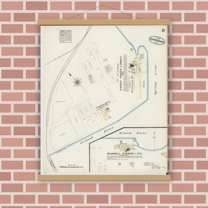 Old map wall art mockup — magnetic wood frame on brick wall — Sanborn Fire Insurance Map from Grand Haven, Ottawa County, Michigan (1883), Sheet #0009
